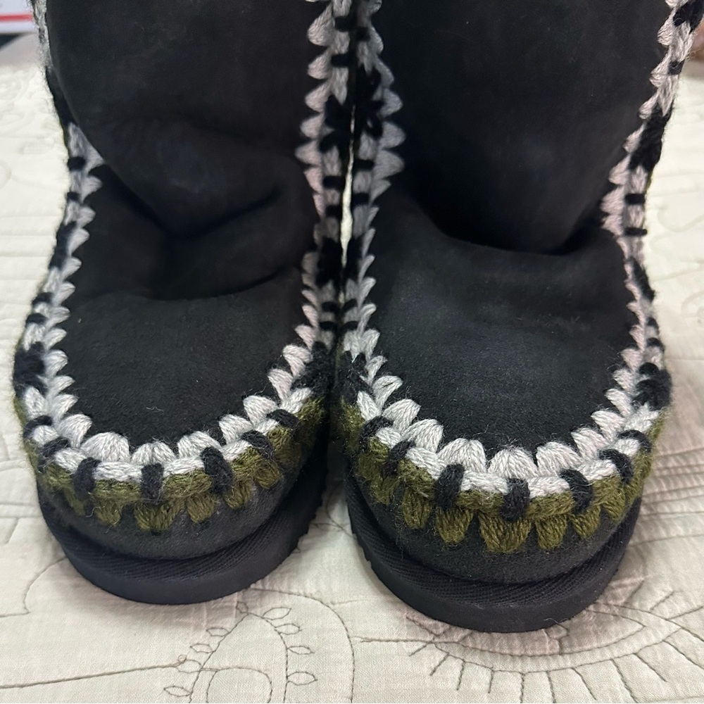 Mou Black Suede Shearling-Trim Moccasin Boots - Picture 6 of 15